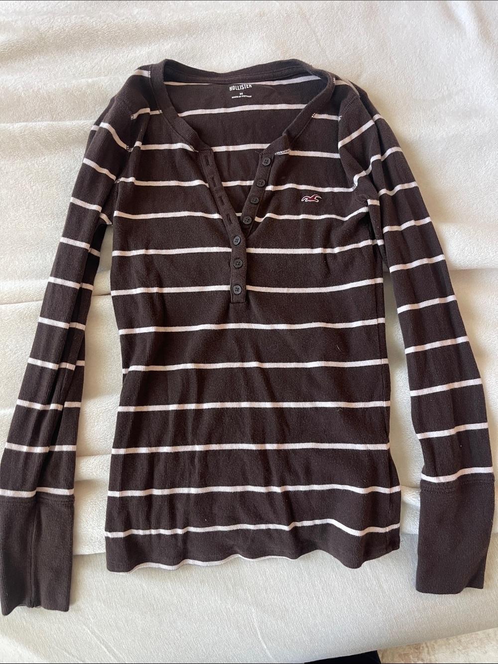 Hollister Brown & White Striped Henley Long Sleeve Top